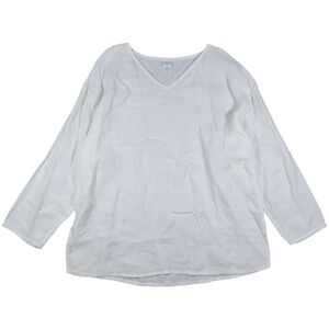 Eileen Fisher Tunic‎ Top Womens M White Irish Linen Oversized V Neck Long Sleeve